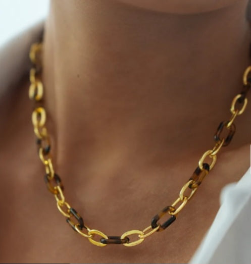 Collier femme 18k or plaque acier inoxydable imprime leopard