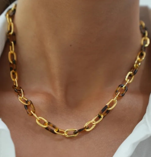 Collier femme 18k or plaque acier inoxydable imprime leopard