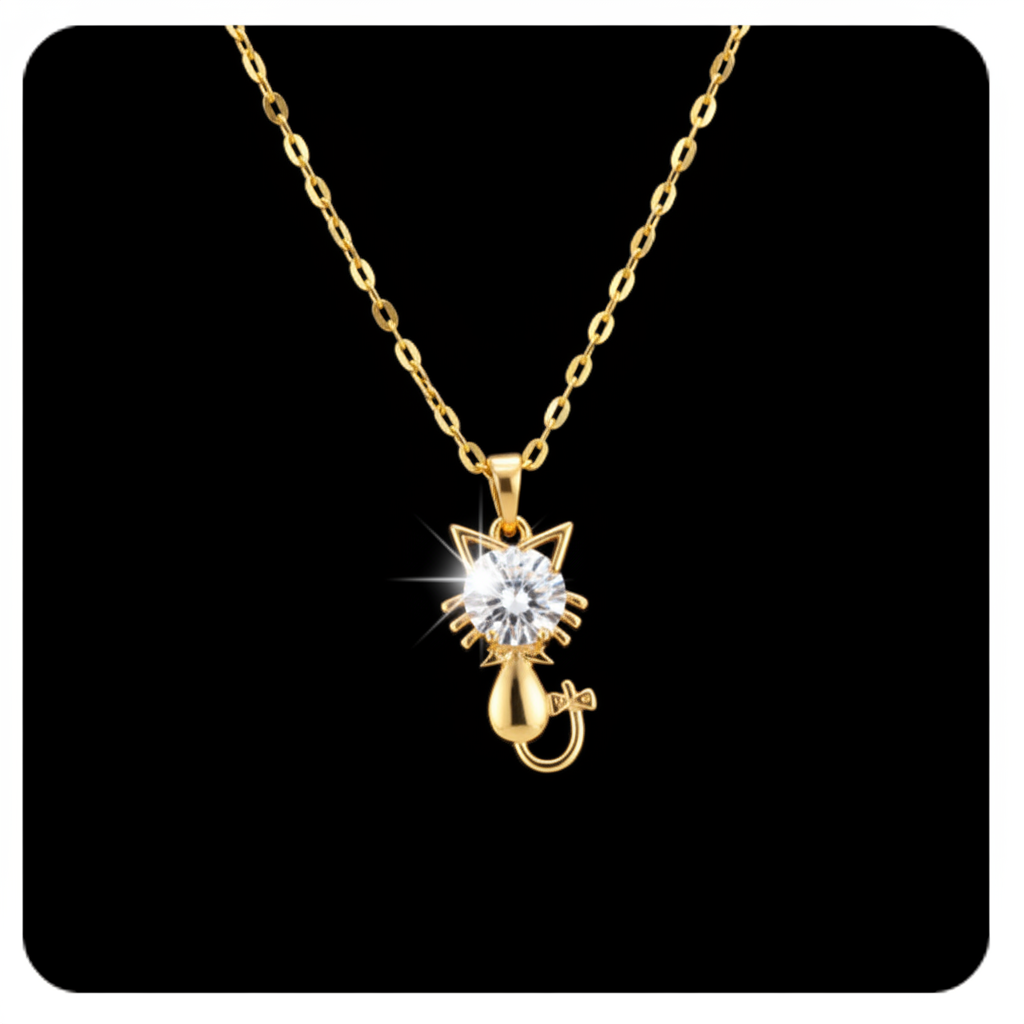 Collier Pendentif Chat Doré & Zirconium
