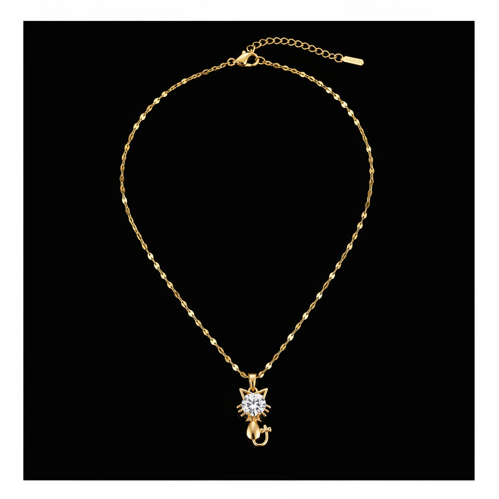 Collier Pendentif Chat Doré & Zirconium