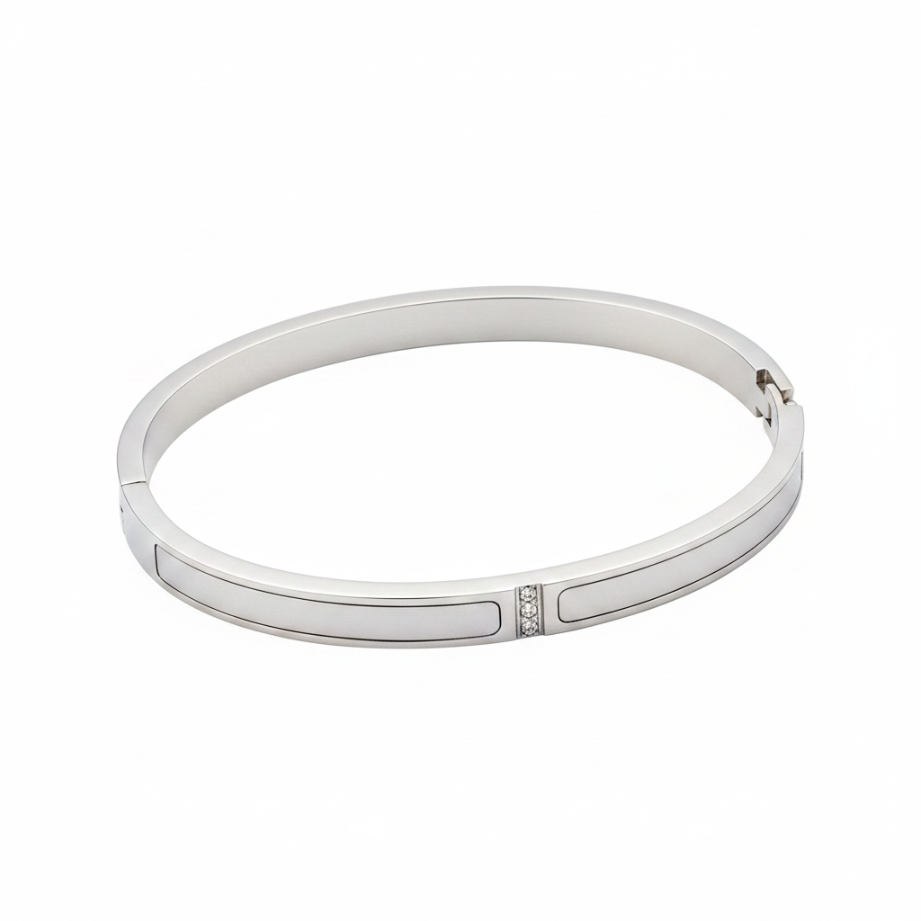 Bracelet Jonc Argenté Nacre & Strass Profil Rond