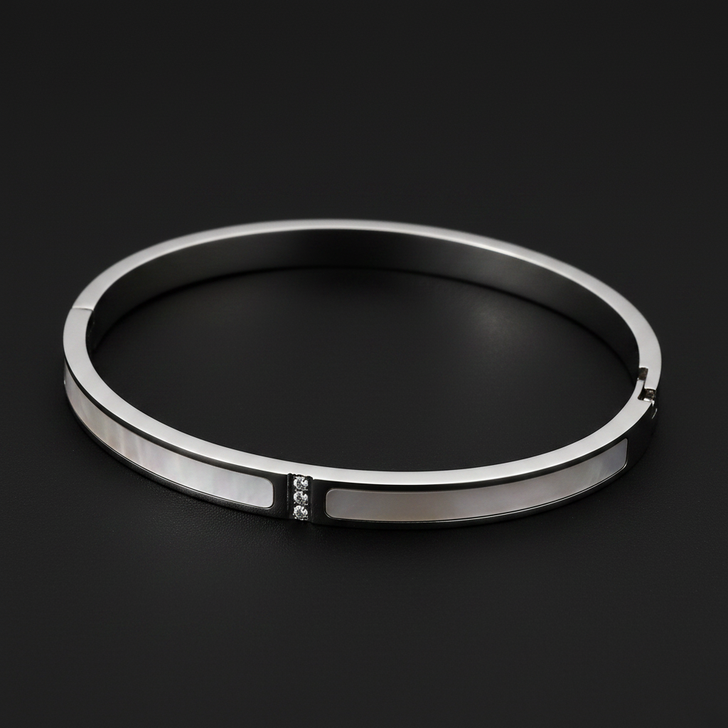 Bracelet Jonc Argenté Nacre & Strass Profil Rond
