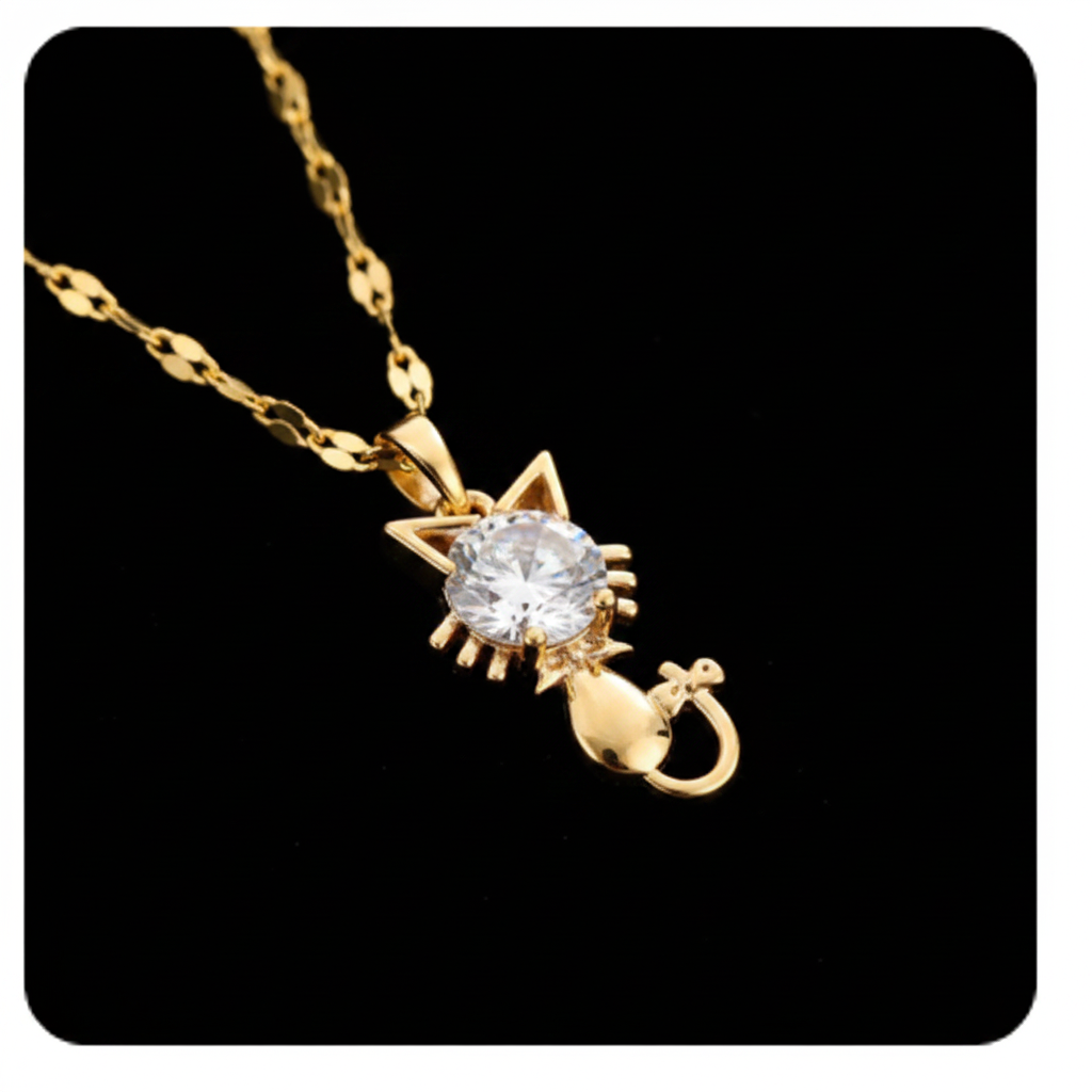 Collier Pendentif Chat Doré & Zirconium