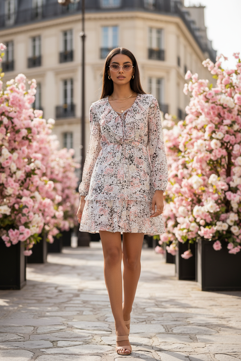 Robe Patineuse Fleurie Manches Longues
